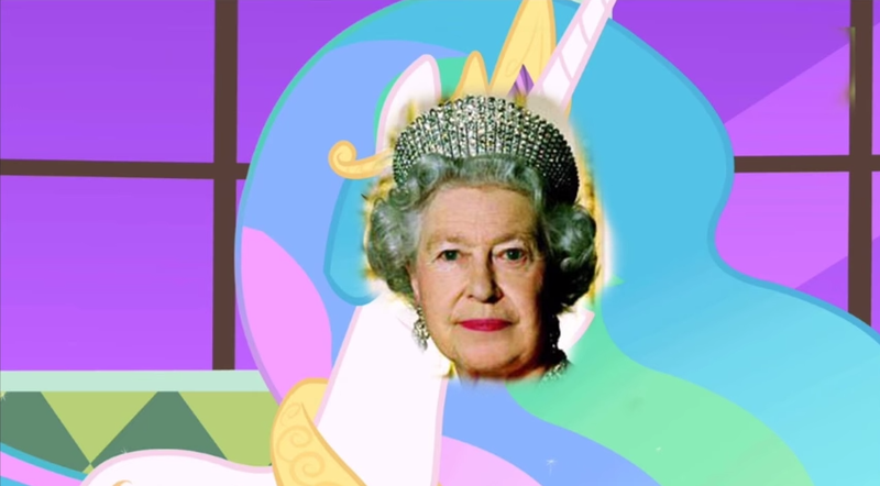 Size: 849x469 | Tagged: 1000 hours in ms paint, derpibooru import, edit, edited screencap, ms paint, princess celestia, queen elizabeth ii, safe, screencap