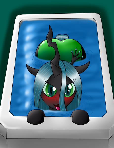 Size: 2000x2600 | Tagged: safe, artist:lazyfable, derpibooru import, queen chrysalis, changeling, changeling queen, adorasexy, bath, bathtub, bedroom eyes, blushing, bugbutt, butt, buttcheeks, buttcrack, clothes, crown, cute, cutealis, female, jewelry, lidded eyes, looking at you, looking up, looking up at you, mare, one-piece swimsuit, open mouth, plot, presenting, regalia, ripples, sexy, shiny, shiny butt, smiling, smiling at you, smirk, solo, stupid sexy chrysalis, swimsuit, tongue out, tumblr, water, wet