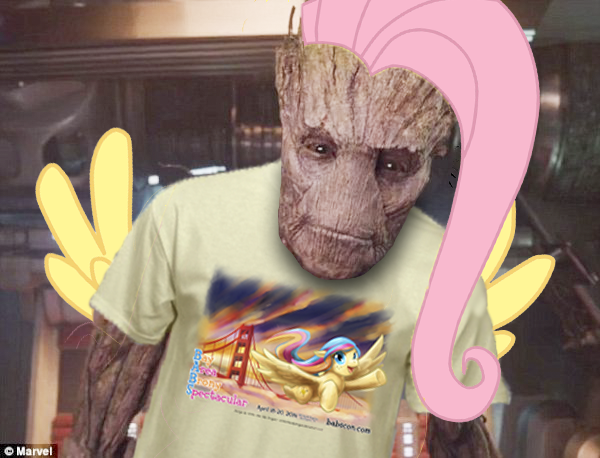 Size: 600x458 | Tagged: babscon, babscon mascots, brony, clothes, derpibooru import, fluttershy, fluttertree, groot, grootershy, guardians of the galaxy, marvel, oc, oc:golden gates, pun, safe, shirt, tree, t-shirt, wtf