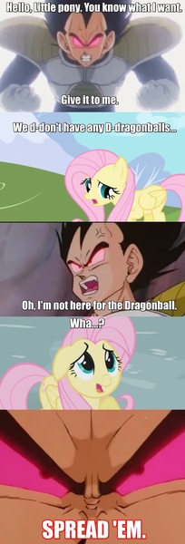 Size: 697x2048 | Tagged: comic, crossover, derpibooru import, dragon ball z, dragonball z abridged, fantasy, fluttershy, imminent rape, implied rape, quote, semi-grimdark, suggestive, vegeta