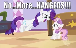 Size: 670x425 | Tagged: safe, derpibooru import, edit, edited screencap, screencap, rarity, sweetie belle, pony, unicorn, caption, eye contact, female, filly, fridge horror, image macro, implications, jumping, mare, meme, mommy dearest, open mouth, wide eyes, yelling