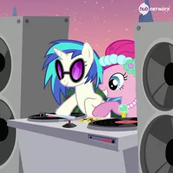 Size: 550x549 | Tagged: derpibooru import, hub logo, hub network, official, pinkie pie, safe, screencap, the hub, vinyl scratch