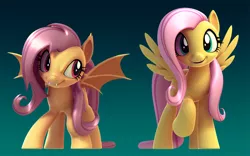 Size: 1000x624 | Tagged: safe, artist:2snacks, derpibooru import, fluttershy, bat pony, pegasus, pony, 3d, cute, fangs, female, flutterbat, grin, happy, looking at you, mare, maya, open mouth, raised hoof, shyabates, shyabetes, smiling, smirk, spread wings, wip