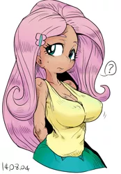 Size: 699x1006 | Tagged: artist:hazama, artist:nekubi, breasts, busty fluttershy, cleavage, clothes, colored, derpibooru import, erect nipples, female, fluttershy, hairclip, human, humanized, nipple outline, simple background, skirt, solo, solo female, suggestive, tanktop, tight clothing