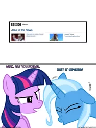 Size: 1050x1400 | Tagged: safe, artist:navitaserussirus, derpibooru import, trixie, twilight sparkle, genie, horse, asktwixiegenies, bbc, bbc news, ears, female, flapping, horses doing horse things, lesbian, news, shipping, twixie