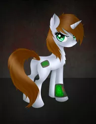 Size: 700x900 | Tagged: dead source, safe, artist:ti-wave, derpibooru import, oc, oc:littlepip, unofficial characters only, pony, unicorn, fallout equestria, chest fluff, colored pupils, ear fluff, female, glare, looking at you, looking back, looking back at you, mare, pipbuck, solo