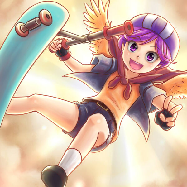 Size: 1000x1000 | Tagged: artist:ninjaham, awesome, cape, clothes, cmc cape, derpibooru import, helmet, human, humanized, peace sign, safe, scootaloo, scooter, shorts, solo, winged humanization