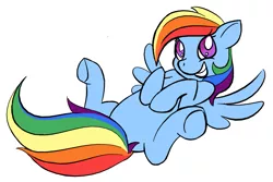 Size: 963x643 | Tagged: safe, artist:moongazeponies, derpibooru import, rainbow dash, belly, bellyrubs, cute, dashabetes, grin, legs in air, looking at you, on back, smiling, solo, spread legs, spread wings, squee, underhoof