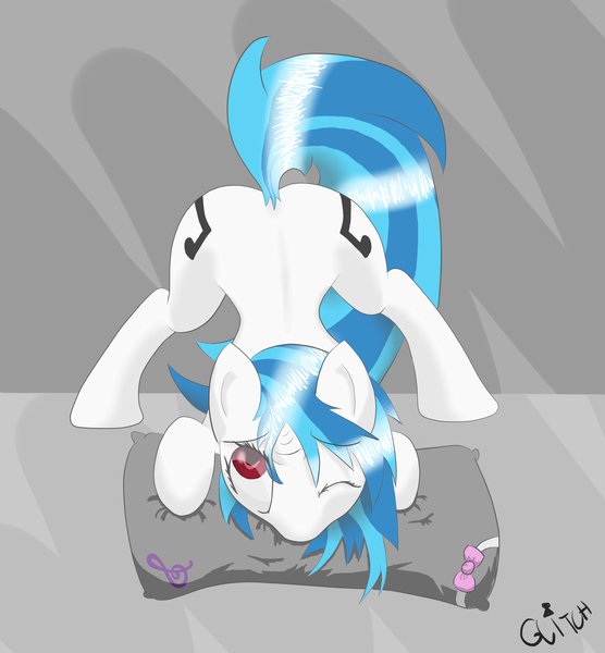 Size: 3000x3235 | Tagged: artist:glitch, both cutie marks, derpibooru import, face down ass up, implied octavia, one eye closed, pillow, pillow biting, questionable, solo, vinyl scratch