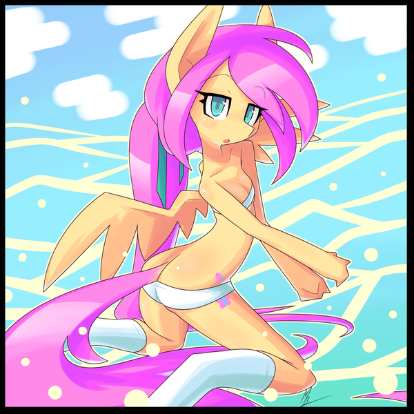 Size: 1000x1000 | Tagged: anthro, artist:red-poni, bandeau, bikini, breasts, cleavage, clothes, delicious flat chest, derpibooru import, female, flattershy, fluttershy, midriff, solo, suggestive, swimsuit