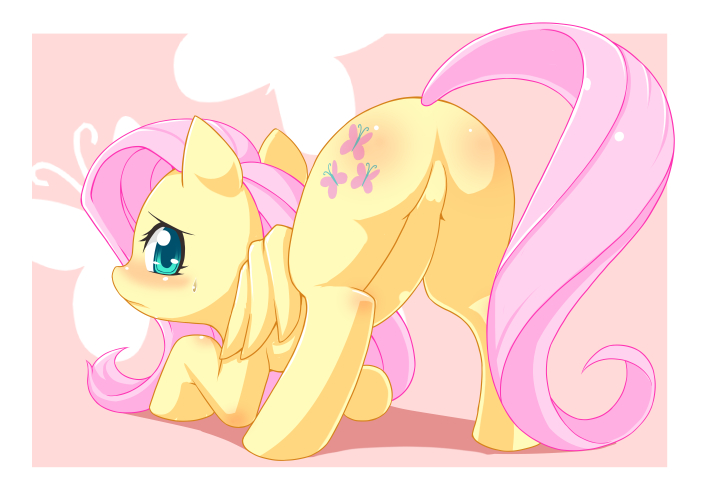 Size: 702x496 | Tagged: artist:tamakohanabi, blushing, featureless crotch, female, fluttershy, looking back, pixiv, plot, presenting, solo, solo female, suggestive