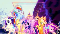 Size: 1920x1080 | Tagged: safe, artist:benybing, artist:illumnious, derpibooru import, applejack, fluttershy, pinkie pie, rainbow dash, rarity, twilight sparkle, twilight sparkle (alicorn), alicorn, pony, canterlot, female, mane six, mare, rainbow power, vector, wallpaper