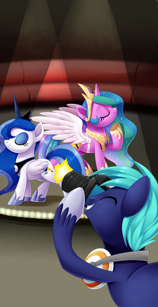 Size: 2793x5430 | Tagged: artist:centchi, bronycon, bronycon mascots, camera, cosplay, derpibooru import, eyes closed, hoofevent, oc, oc:blank canvas, oc:hoof beatz, oc:mane event, photo shoot, princess celestia, princess luna, raised hoof, safe, smiling