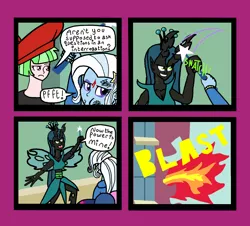 Size: 1338x1208 | Tagged: safe, artist:oneovertwo, derpibooru import, drama letter, queen chrysalis, trixie, watermelody, equestria girls, background human, comic, explosion, fire, patricia water melody, trixie enemy of, trixie enemy of a rare situation, wand