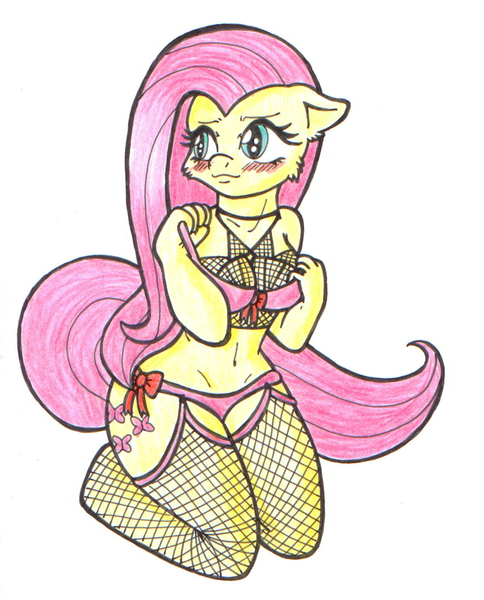 Size: 1120x1389 | Tagged: anthro, artist:warumono1989, belly button, blushing, bow, bra, breasts, cheek fluff, cleavage, clothes, derpibooru import, female, fishnets, fluttershy, kneeling, lingerie, panties, solo, solo female, stockings, suggestive, traditional art, underwear