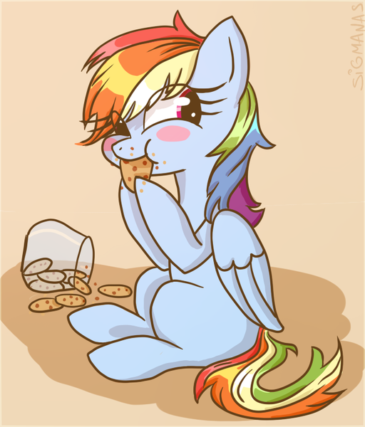 Size: 655x767 | Tagged: safe, artist:sigmanas, derpibooru import, rainbow dash, pegasus, pony, :t, blush sticker, blushing, cookie, cookie jar, cute, dashabetes, eating, eye clipping through hair, female, food, looking back, mare, missing cutie mark, nom, puffy cheeks, sitting, smiling, solo, щщоки