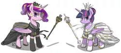 Size: 800x356 | Tagged: safe, artist:radioactive-k, derpibooru import, princess cadance, twilight sparkle, twilight sparkle (alicorn), alicorn, pony, alternate hairstyle, chess, clothes, costume, crown, dress, female, frown, glare, looking at you, mare, queen, scepter, smiling, smirk