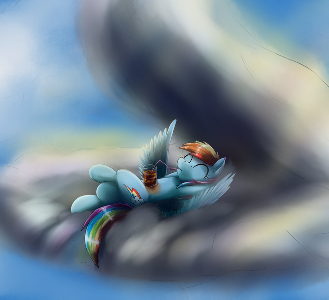 Size: 3709x3385 | Tagged: safe, artist:otakuap, derpibooru import, rainbow dash, cloud, cloudy, drink, eyes closed, glass, sipping, solo, straw