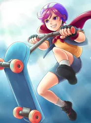 Size: 850x1150 | Tagged: artist:ninjaham, clothes, derpibooru import, helmet, human, humanized, safe, scootaloo, scooter, shorts, solo