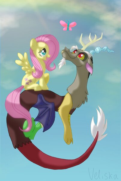 Size: 732x1090 | Tagged: safe, artist:veliska, derpibooru import, discord, fluttershy, butterfly, draconequus, pony, cute, discoshy, discute, female, looking at something, male, profile, shipping, shyabetes, straight