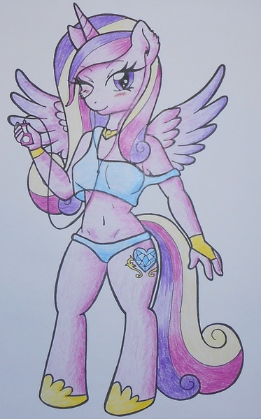 Size: 1238x1990 | Tagged: anthro, artist:warumono1989, belly button, derpibooru import, ipod, midriff, princess cadance, safe, solo, traditional art, wink