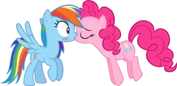 Size: 2874x1405 | Tagged: safe, artist:zacatron94, derpibooru import, pinkie pie, rainbow dash, blushing, cute, female, kissing, lesbian, pinkiedash, shipping, show accurate, simple background, transparent background, vector