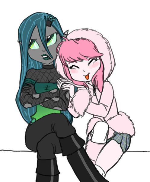 Size: 663x800 | Tagged: safe, artist:carnifex, derpibooru import, queen chrysalis, oc, oc:fluffle puff, equestria girls, annoyed, clothes, cute, duo, duo female, equestria girls-ified, eyeroll, female, flufflebetes, queen chrysalis is not amused, skirt, unamused