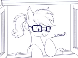 Size: 1600x1200 | Tagged: safe, artist:xn-d, derpibooru import, oc, oc:mosina, unofficial characters only, bat pony, pony, cute, glasses, lineart, monochrome, peepee, ponytail, russian, scrunchy face, solo