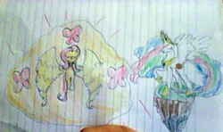 Size: 589x349 | Tagged: artist:gracie_cleopatra, butterfly, derpibooru import, element of kindness, floating land, fluttershy, lined paper, princess celestia, safe, traditional art