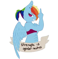 Size: 500x510 | Tagged: safe, artist:superdeathsquad, derpibooru import, rainbow dash, anthro, abs, aside glance, ear piercing, earring, female, feminist ponies, flexing, grin, image, jewelry, looking at you, middle finger, mouthpiece, piercing, png, sideways glance, simple background, smiling, smirk, solo, spread wings, subversive kawaii, transparent background, vector, vulgar, wings