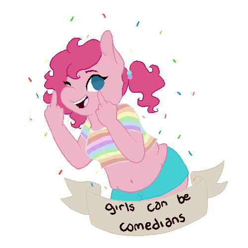 Size: 500x500 | Tagged: safe, artist:superdeathsquad, derpibooru import, pinkie pie, anthro, belly button, chubby, confetti, feminist ponies, image, looking at you, middle finger, midriff, mouthpiece, no pupils, one eye closed, png, simple background, solo, subversive kawaii, transparent background, vulgar, wink