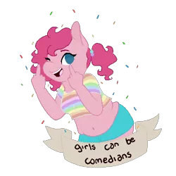 Size: 500x500 | Tagged: safe, artist:superdeathsquad, derpibooru import, pinkie pie, anthro, belly button, chubby, confetti, feminist ponies, image, looking at you, middle finger, midriff, mouthpiece, no pupils, one eye closed, png, simple background, solo, subversive kawaii, transparent background, vulgar, wink