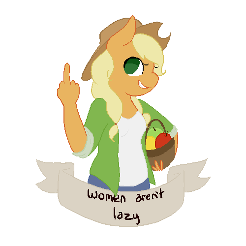 Size: 500x500 | Tagged: safe, artist:superdeathsquad, derpibooru import, applejack, anthro, apple, aside glance, basket, female, feminist ponies, food, grin, image, looking at you, middle finger, mouthpiece, no pupils, png, sideways glance, simple background, smiling, solo, subversive kawaii, transparent background, vulgar