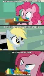 Size: 800x1375 | Tagged: safe, artist:sillyfillystudios, derpibooru import, derpy hooves, pinkie pie, pegasus, pony, female, funny, hasbro, mare, meme, muffin, muffins.pon, pinkamena diane pie, youtube link