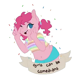 Size: 500x500 | Tagged: safe, artist:superdeathsquad, derpibooru import, edit, pinkie pie, anthro, belly button, chubby, confetti, feminist ponies, image, looking at you, midriff, mouthpiece, no pupils, one eye closed, peace sign, png, simple background, solo, transparent background, wink