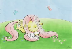 Size: 2000x1368 | Tagged: angel bunny, artist:ecmonkey, butterfly, derpibooru import, floral head wreath, flower in hair, fluttershy, peaceful, safe, sleeping, traditional art