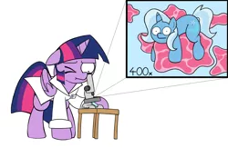 Size: 2000x1300 | Tagged: safe, artist:ramott, derpibooru import, trixie, twilight sparkle, twilight sparkle (alicorn), alicorn, pony, unicorn, clothes, egophiliac-ish, female, how, inconvenient trixie, lab coat, mare, micro, microscope, microscopic, name tag, one eye closed, simple background, style emulation, white background, woonoggles, zoomed in