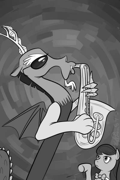 Size: 1000x1500 | Tagged: artist:tapediggity, derpibooru import, discord, monochrome, musical instrument, octavia melody, safe, saxophone, sunglasses