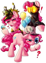 Size: 2247x3068 | Tagged: safe, artist:dimwitdog, derpibooru import, pinkie pie, earth pony, pony, dragon quest, mmmystery on the friendship express, the crystal empire, balloon, camouflage, catsuit, clothes, costume, cupcake, deerstalker, explicit source, female, goggles, hat, magnifying glass, mare, question mark, sherlock holmes, simple background, solo, white background