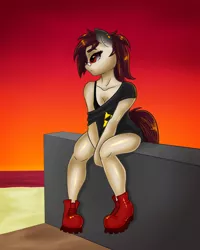 Size: 3937x4921 | Tagged: anthro, anthro oc, artist:pitchyy, art trade, boots, breasts, cleavage, clothes, derpibooru import, female, glasses, legs, oc, oc:claret, piercing, simple background, sitting, solo, suggestive, tanktop, the legend of zelda, triforce, unofficial characters only