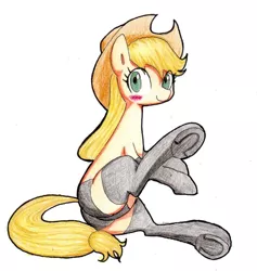 Size: 900x950 | Tagged: applejack, artist:unousaya, blushing, clothes, derpibooru import, female, fireproof boots, looking at you, panties, plot, side, simple background, solo, solo female, stupid sexy applejack, suggestive, traditional art, underhoof, underwear, white background
