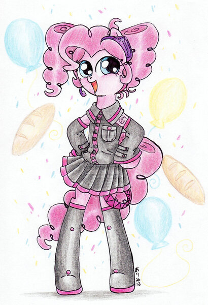 Size: 739x1082 | Tagged: safe, artist:oriwhitedeer, derpibooru import, pinkie pie, pony, bipedal, clothes, crossover, kasane teto, solo, teto, traditional art, utauloid