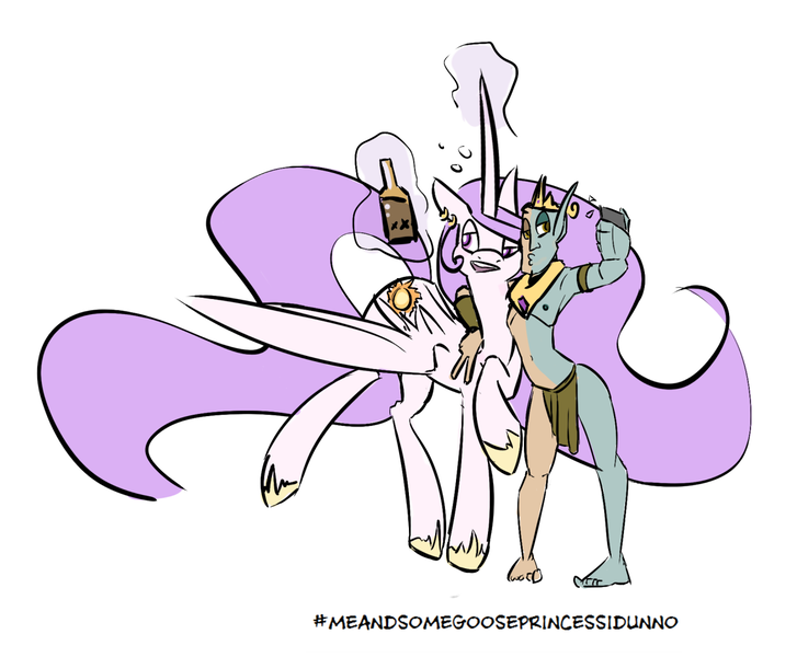 Size: 1150x949 | Tagged: alcohol, artist:cider, barefoot, bedroom eyes, bubble, chim, clothes swap, crossover, derpibooru import, drunk, drunklestia, duckface, earring, feet, magic, morrowind, open mouth, piercing, princess celestia, selfie, smiling, suggestive, telekinesis, the elder scrolls, vivec