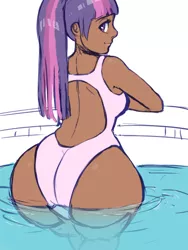 Size: 600x800 | Tagged: alternate hairstyle, artist:the-rasp-b, ass, breasts, clothes, curvy, dark skin, derpibooru import, female, human, humanized, impossibly wide hips, large butt, looking at you, looking back, one-piece swimsuit, open-back swimsuit, ponytail, sexy, sideboob, smiling, solo, solo female, suggestive, swimming pool, swimsuit, the ass was fat, twibutt, twilight darkle, twilight sparkle, wedgie, wide hips