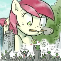 Size: 800x800 | Tagged: suggestive, artist:king-kakapo, derpibooru import, roseluck, oc, oc:anon, earth pony, human, pony, bouquet, city, clothes, dialogue, female, flower, frown, imminent death, imminent suicide, implied masturbation, macro, mare, marriage proposal, micro, mismatched eyes, mouth hold, necktie, open mouth, pants, propeller hat, rule 34, shirt, shocked, shovel, suit, surprised, trowel, wat, wide eyes, worship