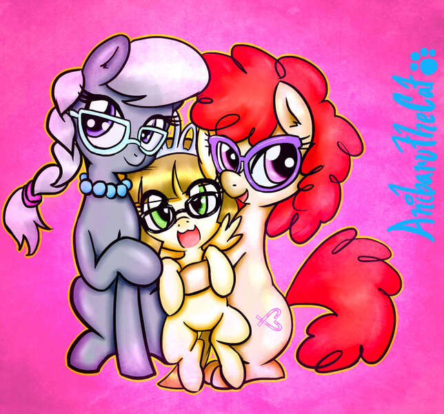 Size: 1463x1363 | Tagged: adorkable, artist:anibaruthecat, cute, derpibooru import, dork, featureless crotch, glasses, happy, inquisitive harmony of glasses fillies, looking at you, safe, silverbetes, silver spoon, simple background, smiling, twist, twistabetes, zippoorbetes, zippoorwhill