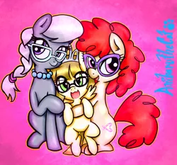 Size: 1463x1363 | Tagged: adorkable, artist:anibaruthecat, cute, derpibooru import, dork, featureless crotch, glasses, happy, inquisitive harmony of glasses fillies, looking at you, safe, silverbetes, silver spoon, simple background, smiling, twist, twistabetes, zippoorbetes, zippoorwhill