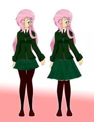 Size: 1928x2504 | Tagged: safe, artist:stalemeat, derpibooru import, fluttershy, human, alternate costumes, clothes, colored pupils, cutie mark hair accessory, ear piercing, earring, eye clipping through hair, humanized, jacket, jewelry, leggings, necktie, piercing, skirt, solo