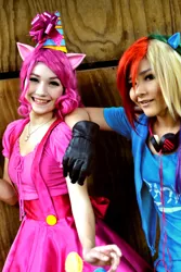 Size: 1536x2304 | Tagged: artist:danishahorusso, artist:pameekawaii, cosplay, derpibooru import, human, irl, irl human, photo, pinkie pie, rainbow dash, safe