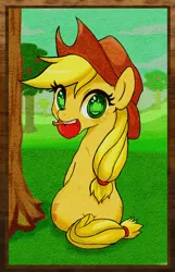 Size: 1750x2719 | Tagged: safe, artist:tory, derpibooru import, applejack, apple, back, frame, looking at you, looking back, mouth hold, pixiv, sitting, solo, traditional art, wingding eyes